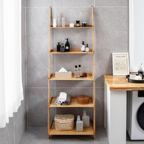 Tangkula 5-Tier Ladder Shelf Bookcase, Bamboo 72”H Wall-Leaning Bookshelf with Baffles and Anti-Tipping Kits, Plant Stand for Living Room Bathroom Home Office Decor, Ladder Bookshelf, Natural - size: 26" x 14.5" x 72" (L x W x H)