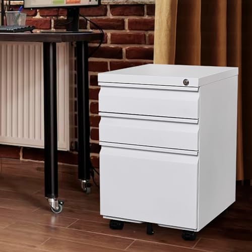 3 Drawer Mobile Locking File Cabinet,Anti-tilt Design Metal Vertical Filing Cabinet,Rolling Desk Filing Cabinet fits Letter/Legal Size for Home Office (White) - color: White, style: 3A
