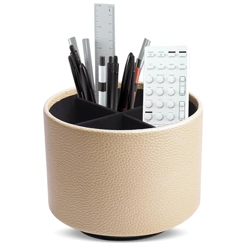 Round Leather Art Supply Organizer,Remote Control Holder,360 Degree Spinning,Multi-Functional Pencil Holder,4 Compartments Desktop Stationary Organizer(1-Lichee Gold) - color: 1-Lichee Gold