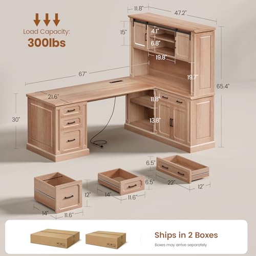 SEDETA 67" Farmhouse Executive L Shaped Desk with Hutch & Storage | Office Desks with 4 Drawers & Storage Cabinet,Executive Desk with Cabinet Doors,File Drawer,Power Outlet,Oak - color: Oak, size: 67" L Shaped Desk with Hutch