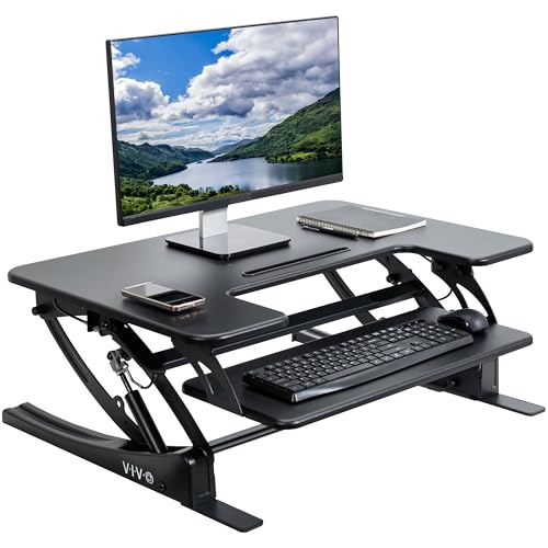 VIVO Black 32 inch Standing Desk Converter, DESK-V000VS | Height Adjustable, Stand Up Desk Riser, Wide Keyboard Tray, Dual Monitor and Laptop Workstation, Black Frame, V Series - color: Black, size: 32"