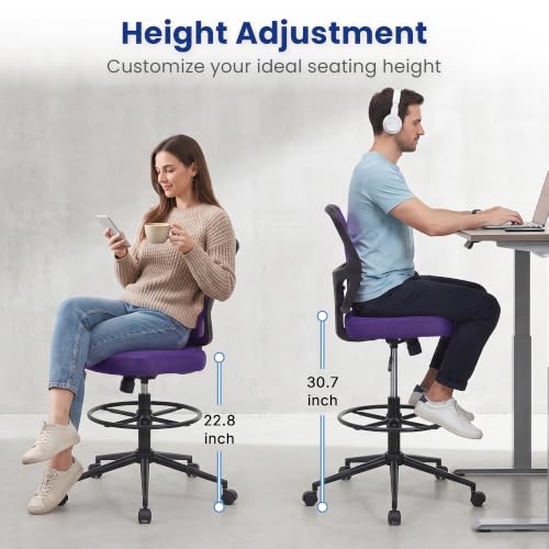 Armless High Back Office Chair, Tall Ergonomic Chair for Standing Desk, Adjustable Height Mesh Computer Chair with Foot Ring & Wheels, Rolling Home Office Chair - color: Purple