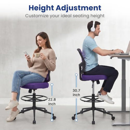 Armless High Back Office Chair, Tall Ergonomic Chair for Standing Desk, Adjustable Height Mesh Computer Chair with Foot Ring & Wheels, Rolling Home Office Chair - color: Purple