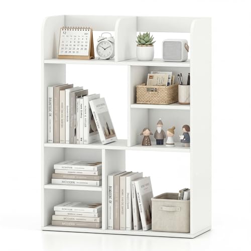 Tangkula Desktop Bookshelf, 5-Tier Desktop Display Rack with 4 Open Shelves & 4 Cubes, Modern Tabletop Bookcase Organizer for Computer Desk, Countertop Storage Hutch for Home Office Dorm (White) - size: 23.5" x 9" x 31.5"