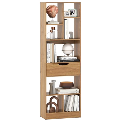GIANTEX 7-Tier Bookcase with Drawer, 61” Tall Freestanding Storage Organizer with 8 Cubes, Multifunctional Open Bookshelf Display Rack with Anti-Tipping Kits for Living Room Home Office, Natural - color: Natural, size: 7-Tier