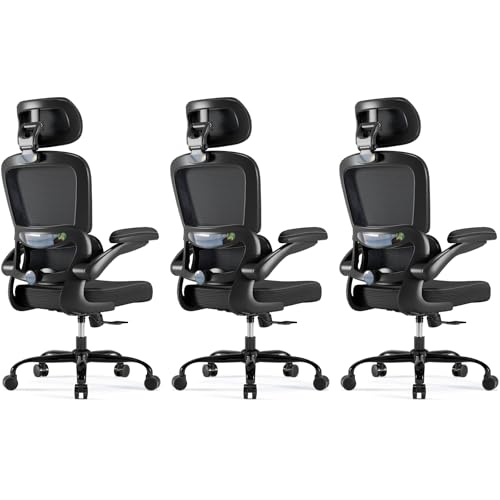 TRALT Ergonomic Office Chair Desk Chair with Adjustable Lumbar Support | Home Office Desk Chairs with Flip-up Armrests & 3D Headrest - Mesh Gaming Chair for Adults, 330lbs, PU Leather (Black, 3) - color: Black, size: Pack of 3