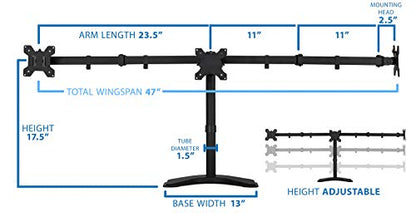 Mount-It! Triple Monitor Stand for Desk, 3 Monitor Mount Fits 19–27" Screens, Holds 15.4 lbs Each, Full Motion Triple Monitor Arm with Tilt Swivel Rotate, VESA 75x75, 100x100, Stable Freestanding Base