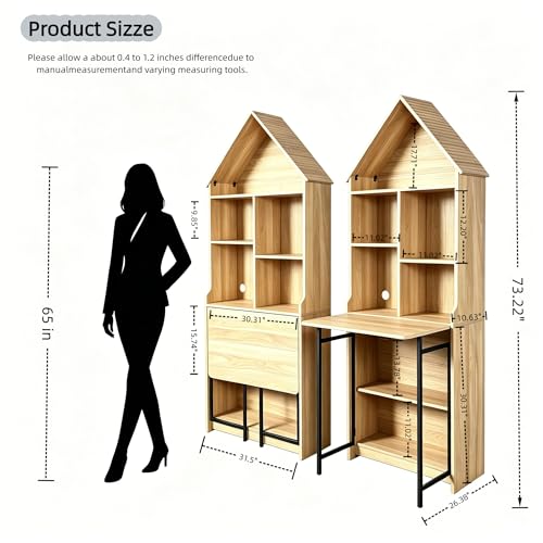 73.22" Folding Craft Desk with Storage Shelves & Hideaway Bookshelf, Wood - color: Brown, size: 31.5"L x 11.42"W x 73.22"H
