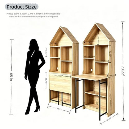 73.22" Folding Craft Desk with Storage Shelves & Hideaway Bookshelf, Wood - color: Brown, size: 31.5"L x 11.42"W x 73.22"H