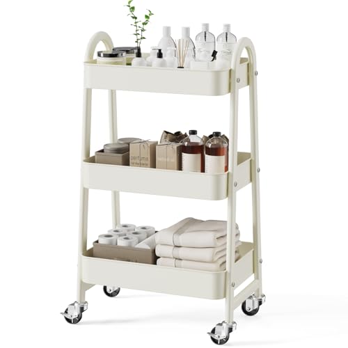 NEWBULIG 3-Tier Metal Rolling Cart with Lockable Wheels, Heavy Duty Mobile Utility Storage Shelf, Roller Book Snack Cart, Organization for Livingroom, Bathroom, Office, White - color: White, size: 3 Tier