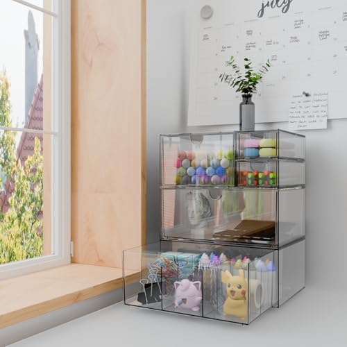 Clear 5-Drawer Stackable Desk Organizer Storage Set | Unique nine-grid drawer, Acrylic, Separate drawers, Dustproof, Easy to clean, for Office supplies, Pens, Jewelry, Makeup - size: 5 drawer clear
