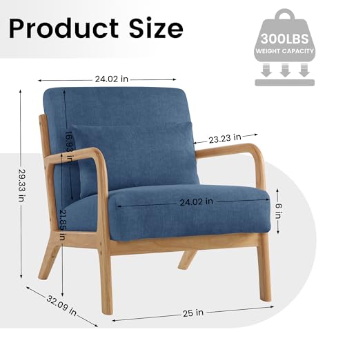 Mid Century Modern Accent Chair Set of 2, Upholstered Chair for Living Room, Accent Chair with Lumbar Pillow Solid Wood Frame Reading Chair Armchair for Bedroom Small Spaces, Blue - color: Blue