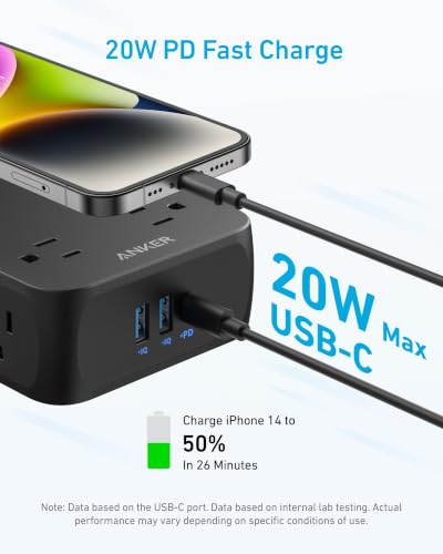 Anker Power Strip with 2000J Surge Protector, 5ft Outlet Extender, 20W, 8AC - color: Black, size: 5FT
