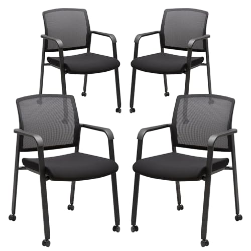 CLATINA Mesh Back Guest Reception Arm Chairs with Wheels, Waiting Room Chairs with Upholstered Fabric Seat and Ergonomic Lumbar Support for Office Conference School Church Black (4 Pack) - color: Black_wheels, size: 4pack