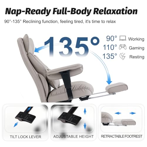 Efomao Executive Office Chair 400lbs,Grey Big and Tall Desk Chair | Mattress-grade pocket spring cushion, sleek leather, 135° recline & footrest for computer gaming setup. - color: 3084p-grey