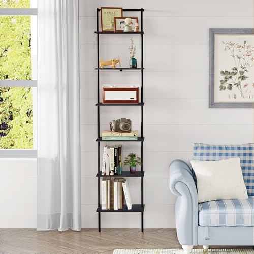 6-Tier Wall Mounted Ladder Shelf, Black, 77" H - color: Black, size: 6 Tier