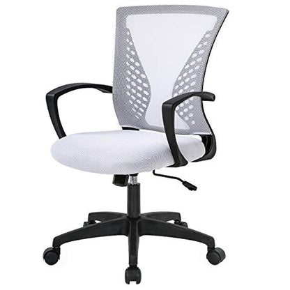 Home Office Chair Mid Back PC Swivel Lumbar Support Adjustable Desk Task Computer Ergonomic Comfortable Mesh Chair with Armrest (White) - color: White