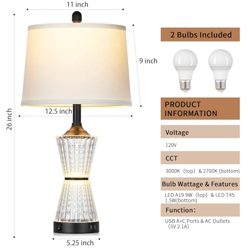 Modern Table Lamps for Living Room, 26" Tall Black Table Lamp with 2 Textured LED Night Light, 2 USB Charging Port & AC Outlet, Bedside Lamps for Bedroom Nightstands End Table Office, 2 Bulbs Included - color: Black-1