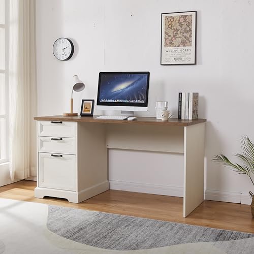 60" Professional Office Desk with Charging Station,Business Desk with 2 Drawers &1 File Cabinet,Farmhouse Executive Desk for Office and Home (Off-White) - color: Off-white