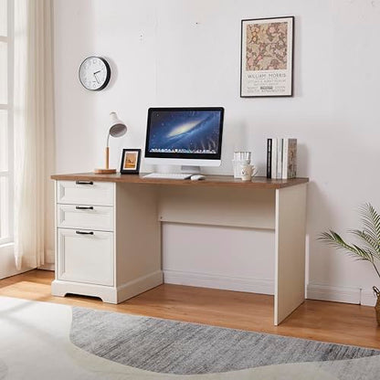 60" Professional Office Desk with Charging Station,Business Desk with 2 Drawers &1 File Cabinet,Farmhouse Executive Desk for Office and Home (Off-White) - color: Off-white