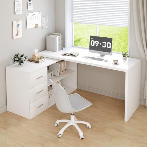 HSH White L Shaped Computer Corner Desk with 3 Storage Drawers 60 inch | Reversible Home Office Corner Desk with 2 Open Side Shelves Modern Wood Executive L Desks for Bedroom,Study Workstation - color: White Oak, size: 60 Inch