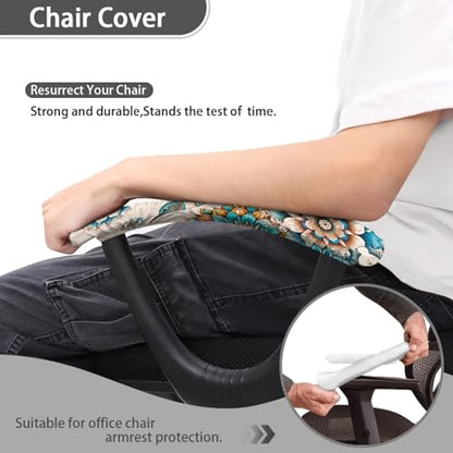 Hummingbird Print Office Chair Armrest Slipcovers Set of 2, Bohemian Mandala Flower Print Office Arm Covers, Stretchy Gaming Chair Armrest Covers Soft Office Chair Arm Protectors - color: Brown and Blue - Hummingbird Bohemian Mandala Flower