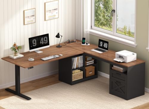 YOMILUVE Farmhouse L Shaped Standing Desk, 66 inch Corner Electric Standing Desk with Drawers ＆ Storage Shelves, Height Adjustable Computer Desk with Power Outlets for Home Office (Black and Brown) | Corner Electric Standing Desk with Drawers ＆ Storage Sh