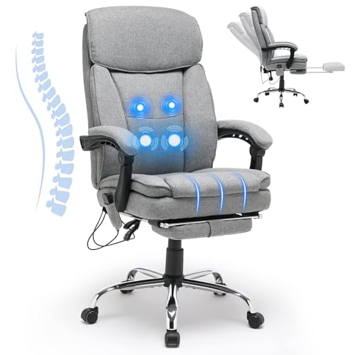 HOMREST Reclining Office Chair with 4-Point Massage, Breathable Fabric Executive Chair with Retractable Footrest, Ergonomic Computer Chair with High Back, Reclining Gaming Chair for Home, Light Grey