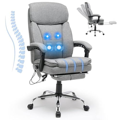 HOMREST Reclining Office Chair with 4-Point Massage, Breathable Fabric Executive Chair with Retractable Footrest, Ergonomic Computer Chair with High Back, Reclining Gaming Chair for Home, Light Grey