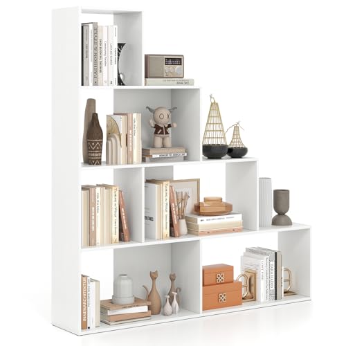 Tangkula 4-Tier Stepped Bookshelf, Freestanding 6 Cubes Ladder Bookcase with Anti-Tipping Kits, 64" Tall Modern Wooden Storage Display Rack for Home Office Living Room Study (1, White) - color: White