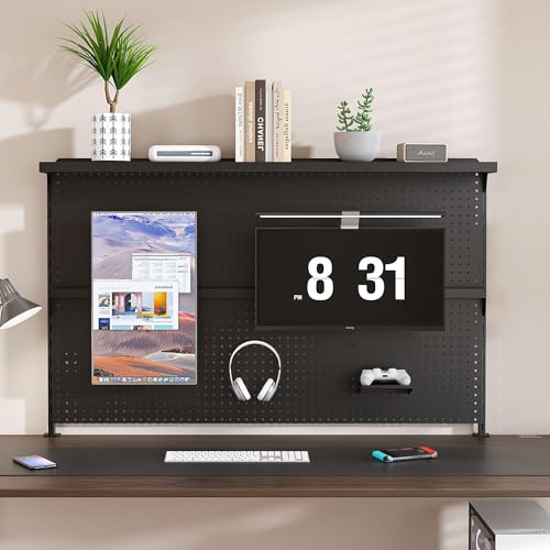 Clamp-On Metal Desk Pegboard with Dual Monitor Stand–No Drilling Needed! 59x35 Inch Steel Privacy Panel with Hooks & Movable Partition, Peg Board Wall Organizer for Gaming & Office - color: Black
