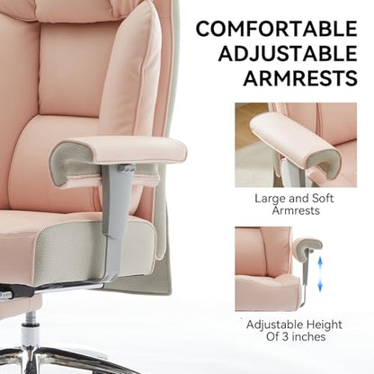Efomao Big & Tall Pink Executive Office Chair 400lbs, Extra Wide 23.2" PU Leather Desk Chair for Women with Footrest, Pocket Spring & Adjustable Arms for Home Office - color: 3060-pink