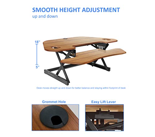Rocelco 46" Large Height Adjustable Corner Standing Desk Converter - Quick Sit Stand Up Dual Monitor Riser - Gas Spring Assist Computer Workstation - Wide Keyboard Tray - Teak Wood Grain (R CADRT-46) - color: Teak/Black, style: Riser Only