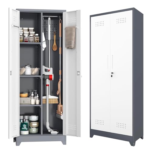 Metal Storage Cabinet with Lockable Doors, 65" Steel Utility Cabinet for Garage & Home Office, Tall Broom Closet with Adjustable Shelves, Vents & Cable Hole for Tools, White/Grey - color: Grey White, size: 65"H-2doors