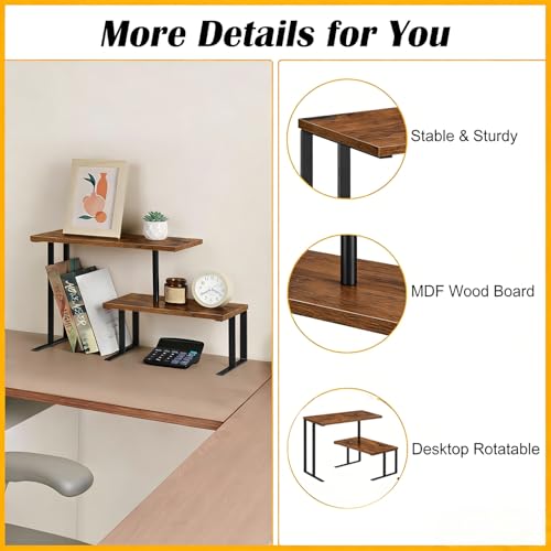 Desk Shelf Desktop Organizer 2 Tier Wood Small Storage Shelf Multi-Purpose Desktop Bookshelf Rotating Desk Stand Storage Organizers for Top of Desk Home Office Kitchen Bedroom