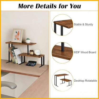 Desk Shelf Desktop Organizer 2 Tier Wood Small Storage Shelf Multi-Purpose Desktop Bookshelf Rotating Desk Stand Storage Organizers for Top of Desk Home Office Kitchen Bedroom