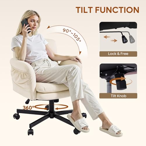 Bestier Criss Cross Office Chair with Flip-Up Arms, Beige Velvet Desk Chair | Swivel Makeup Vanity Chair with Wheels 2 Side Pockets, Cross Legged Office Chair for Home Office Bedroom Gaming - color: Beige Velvet, size: Low Back