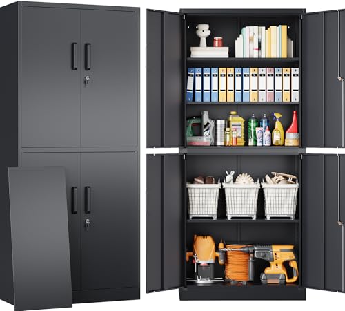 Metal Storage Cabinet with 3 Adjustable Shelves,Garage Storage Cabinet with Lock,Black Metal Cabinet with Locking Doors,Steel Cabinets 4 Doors,71" Lockable Storage Cabinets for Garage,Home,Office - color: Black, size: 71"H -4 Door