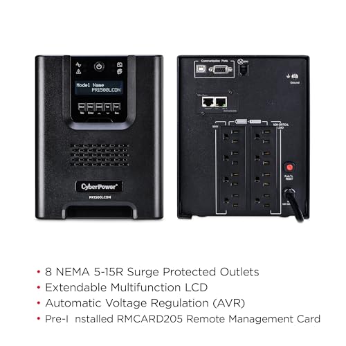 CyberPower PR1500LCDN 15A Smart App Sinewave UPS Battery Backup and Surge Protector, 1500VA/1500W, 8 Outlets, AVR, Mini-Tower, Pre-Installed RMCARD205, UL Certified | 1500VA/1500W, 8 Outlets, AVR, Mini-Tower, Pre-Installed RMCARD205, UL Certified - size: