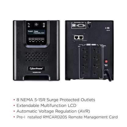 CyberPower PR1500LCDN 15A Smart App Sinewave UPS Battery Backup and Surge Protector, 1500VA/1500W, 8 Outlets, AVR, Mini-Tower, Pre-Installed RMCARD205, UL Certified | 1500VA/1500W, 8 Outlets, AVR, Mini-Tower, Pre-Installed RMCARD205, UL Certified - size: