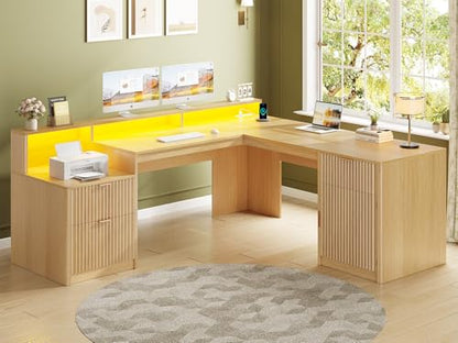 SEDETA 66" Modern L Shaped Desk with Drawers, Fluted Home Office Desk with File Cabinet and Printer Shelf, Wood Executive Desk with Monitor Stand, Power Outlets, Led Lights, Oak - color: Oak, size: L Shaped Desk