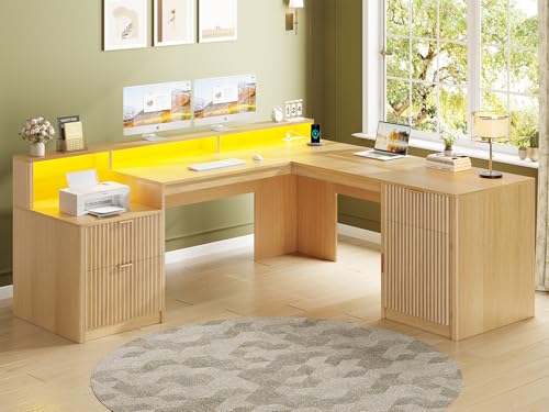 SEDETA 66" Modern L Shaped Desk with Drawers, Fluted Home Office Desk with File Cabinet and Printer Shelf, Wood Executive Desk with Monitor Stand, Power Outlets, Led Lights, Oak - color: Oak, size: L Shaped Desk