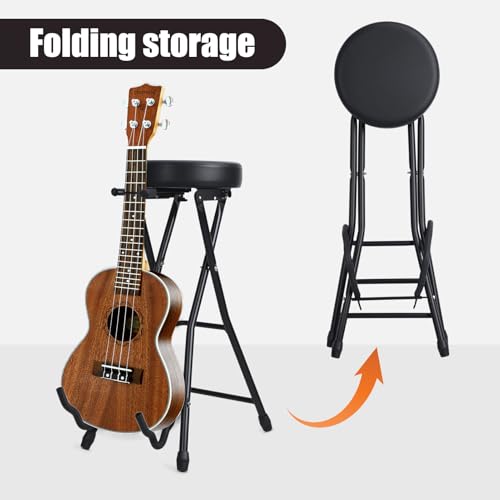 Guitar Stool, Foldable Padded Seat with Built-in Stand & Footrest, Retractable Hook Non-Slip Feet for Acoustic Electric Bass Home Studio Practice (Black-B) - color: Black-b