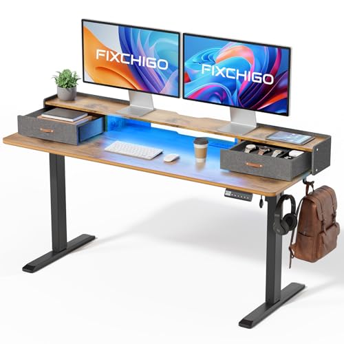 Electric Standing Desk with Drawers, 63 Inch Height Adjustable Desk with Power Outlets & LED Lights, Sit Stand Table with Monitor Stand for Home, Office, Brown - color: Brown, size: 63×24 Inch Rectangular with Drawers