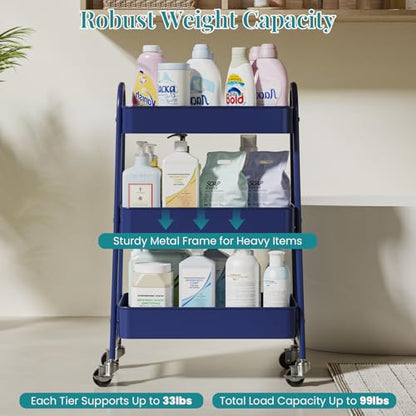 OLIXIS Metal 3 Tiers Rolling Storage Utility Cart with Lockable Wheels - color: Blue, size: 3-Tiered 17 inches