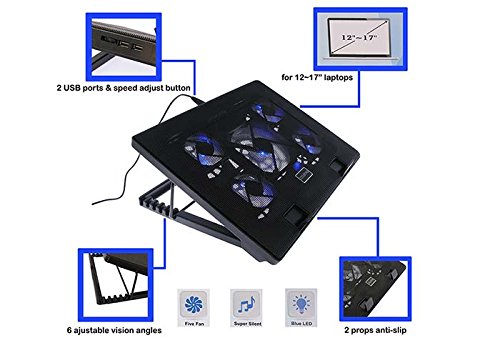 iMBAPrice Black Laptop Cooling Pad, Laptop Cooler with 5 Blue Quiet Fans for 12"-17" Notebook Computer PC Gaming Laptop Fan, Height Adjustable Laptop Cooling Stand Laptop Accessories, 1-Pack