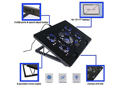 iMBAPrice Black Laptop Cooling Pad, Laptop Cooler with 5 Blue Quiet Fans for 12"-17" Notebook Computer PC Gaming Laptop Fan, Height Adjustable Laptop Cooling Stand Laptop Accessories, 1-Pack