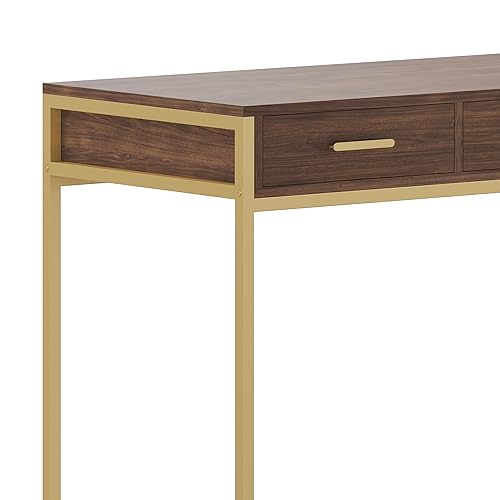 Martha Stewart Ollie Home Office Desk with 3 Drawers in Walnut Wood Grain with Polished Brass Hardware - color: Walnut Top/Polished Brass Frame