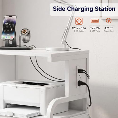 Tall Printer Stand with Charging Station, 4-Tier Large Printer Table Adjustable Shelf, Mobile Printer Cart on Wheels Heavy Duty for Home Office, Fits 3D Printer Shredder Scanner Fax, Pure White - color: White, size: 20.9''x15.7''
