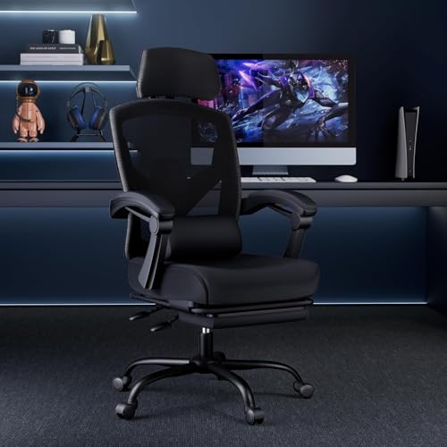 Simple Deluxe Home Office Desk Chair with Footrest, High-Back Mesh Rolling Swivel Reclining Chairs with Wheels, Comfortable Headrest, Lumbar Support, Comfy Arms - color: Black